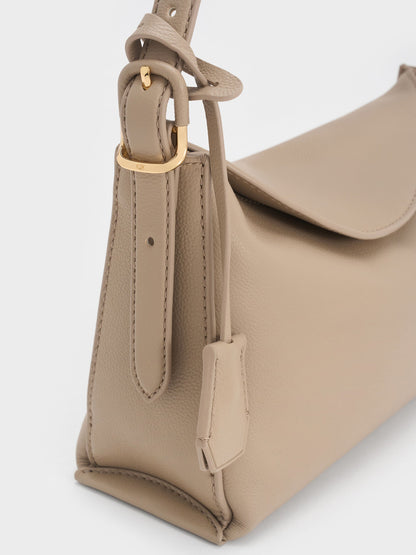 CHARLES & KEITH Popular | Leather Top-Flap Hobo Bag - Taupe