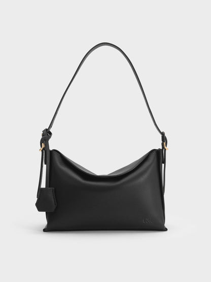 CHARLES & KEITH Featured | Leather Top-Flap Hobo Bag - Black