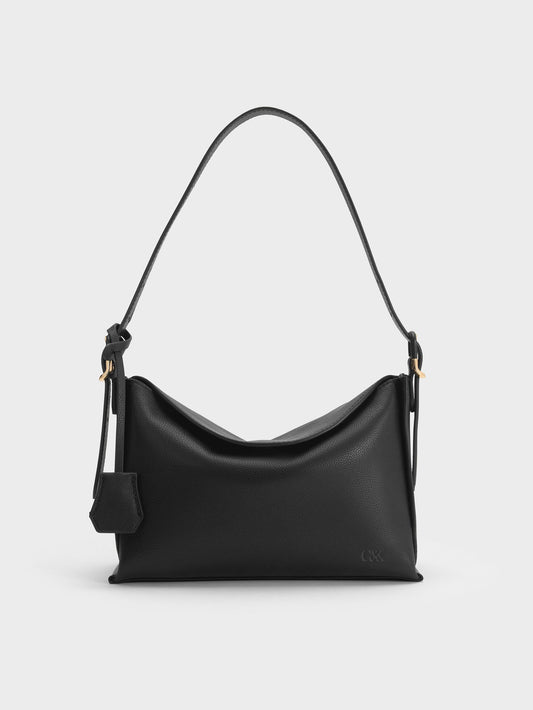 CHARLES & KEITH Featured | Leather Top-Flap Hobo Bag - Black