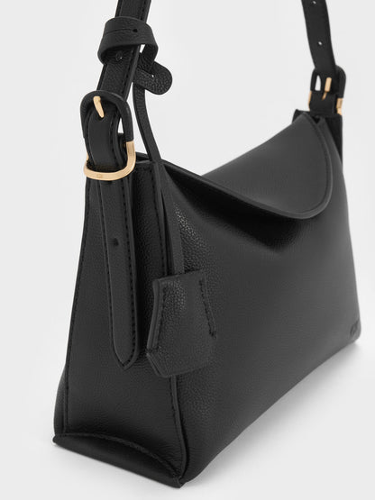 CHARLES & KEITH Featured | Leather Top-Flap Hobo Bag - Black