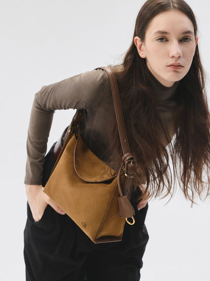 CHARLES & KEITH Exclusive | Leather & Suede Top-Flap Hobo Bag - Brown