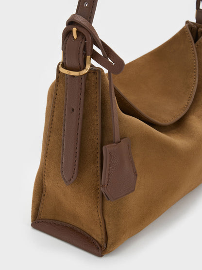 CHARLES & KEITH Exclusive | Leather & Suede Top-Flap Hobo Bag - Brown