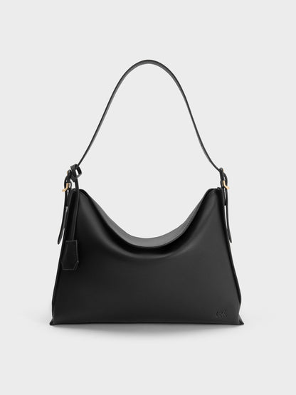 CHARLES & KEITH Value | Large Leather Top-Flap Hobo Bag - Black