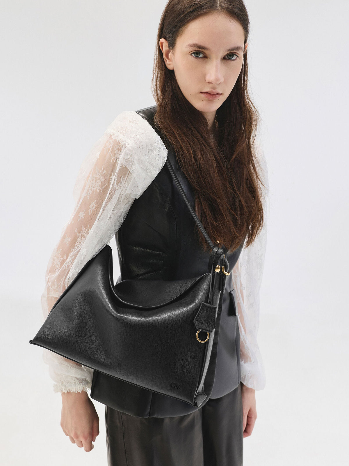 CHARLES & KEITH Value | Large Leather Top-Flap Hobo Bag - Black