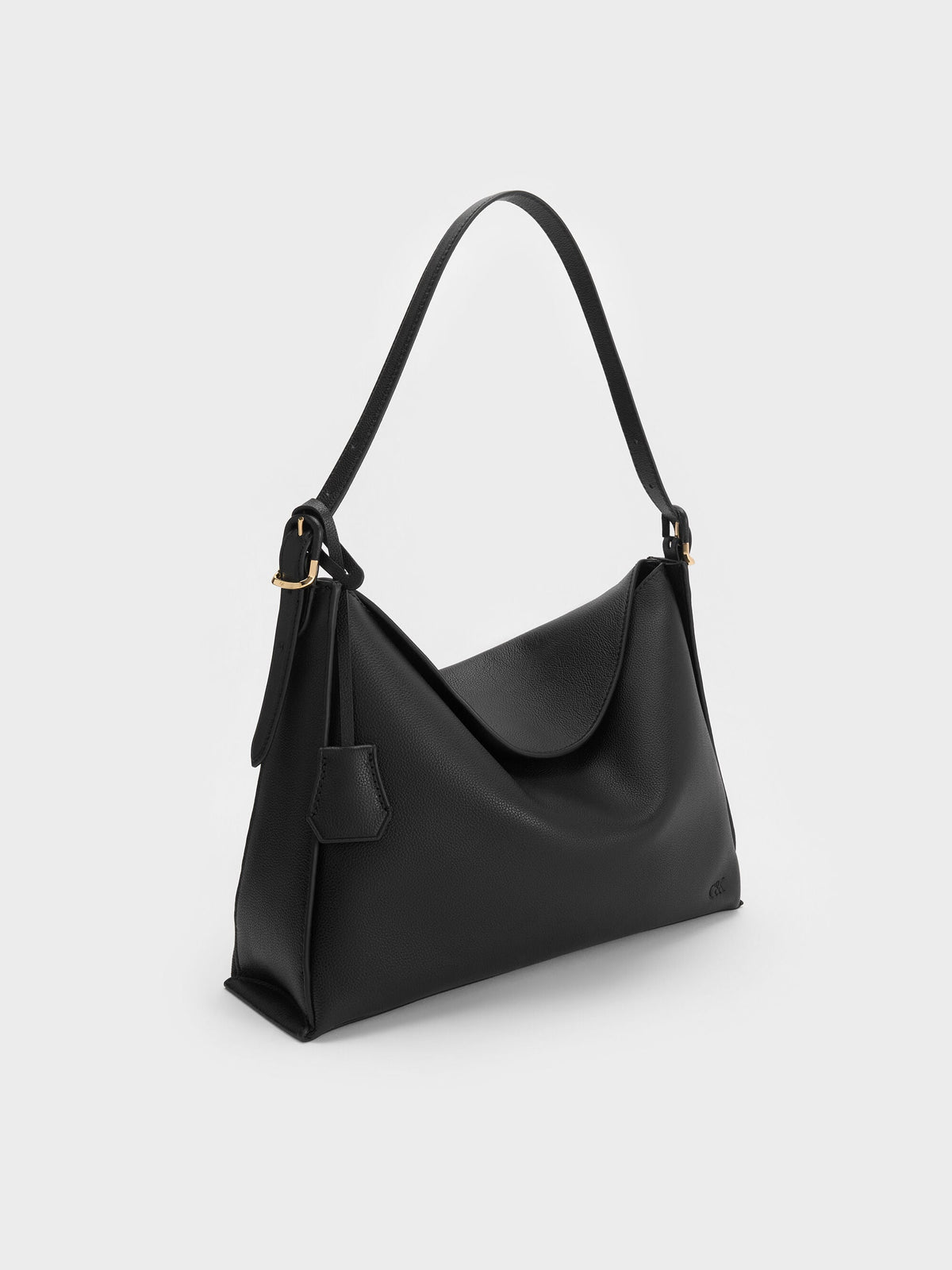 CHARLES & KEITH Value | Large Leather Top-Flap Hobo Bag - Black