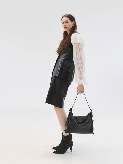 CHARLES & KEITH Value | Large Leather Top-Flap Hobo Bag - Black