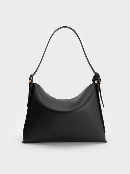 CHARLES & KEITH Value | Large Leather Top-Flap Hobo Bag - Black