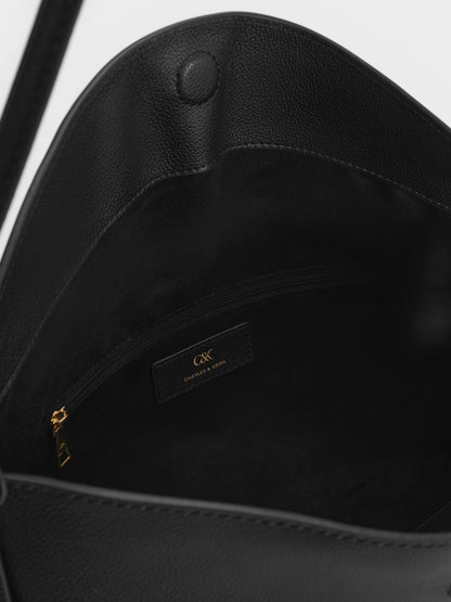 CHARLES & KEITH Value | Large Leather Top-Flap Hobo Bag - Black