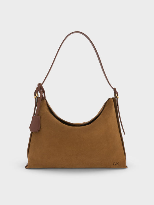 CHARLES & KEITH Best Seller | Large Leather & Suede Top-Flap Hobo Bag - Brown