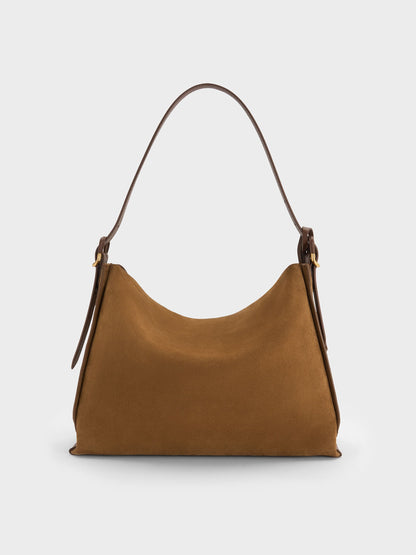 CHARLES & KEITH Best Seller | Large Leather & Suede Top-Flap Hobo Bag - Brown