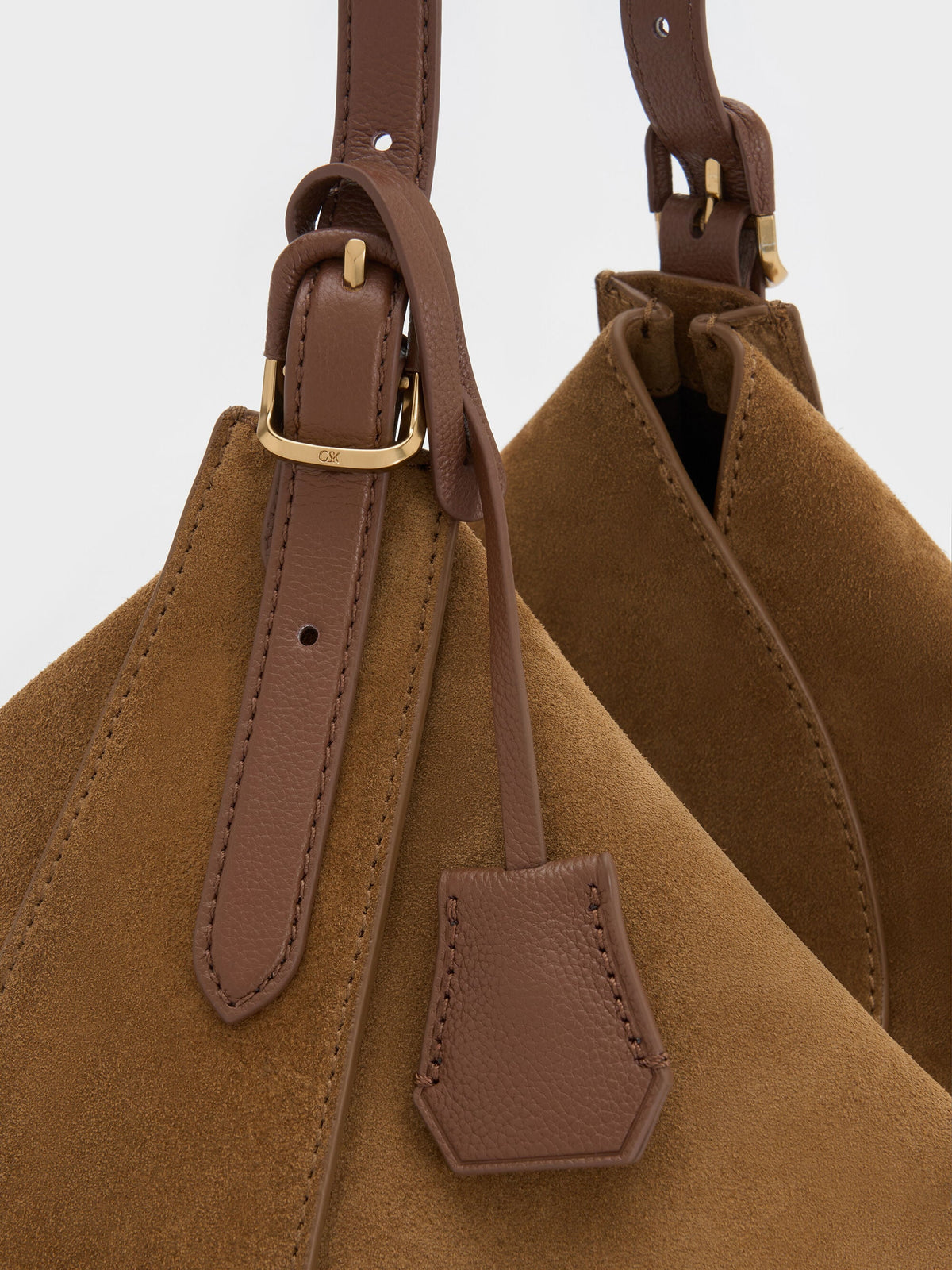 CHARLES & KEITH Best Seller | Large Leather & Suede Top-Flap Hobo Bag - Brown