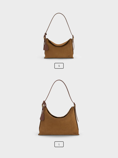 CHARLES & KEITH Best Seller | Large Leather & Suede Top-Flap Hobo Bag - Brown