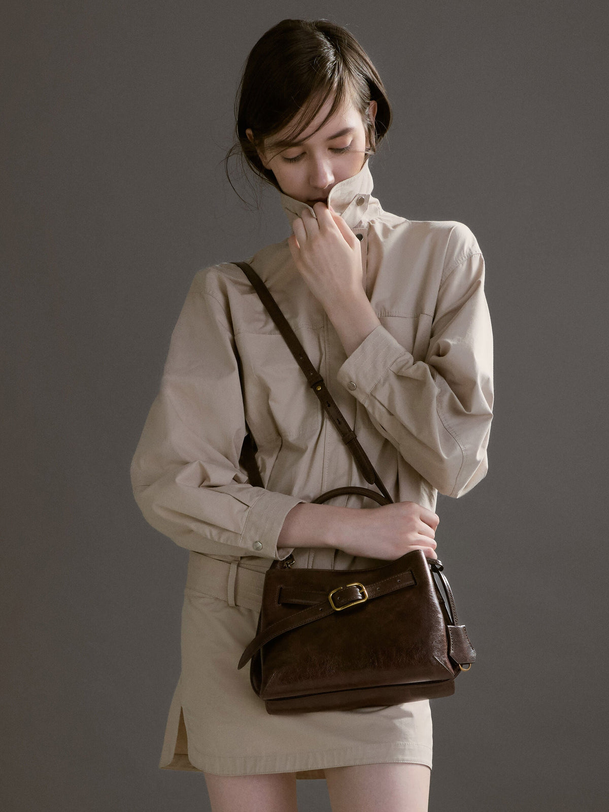CHARLES & KEITH Recommended | Victoria Belted Top Handle Bag - Distressed Coffee