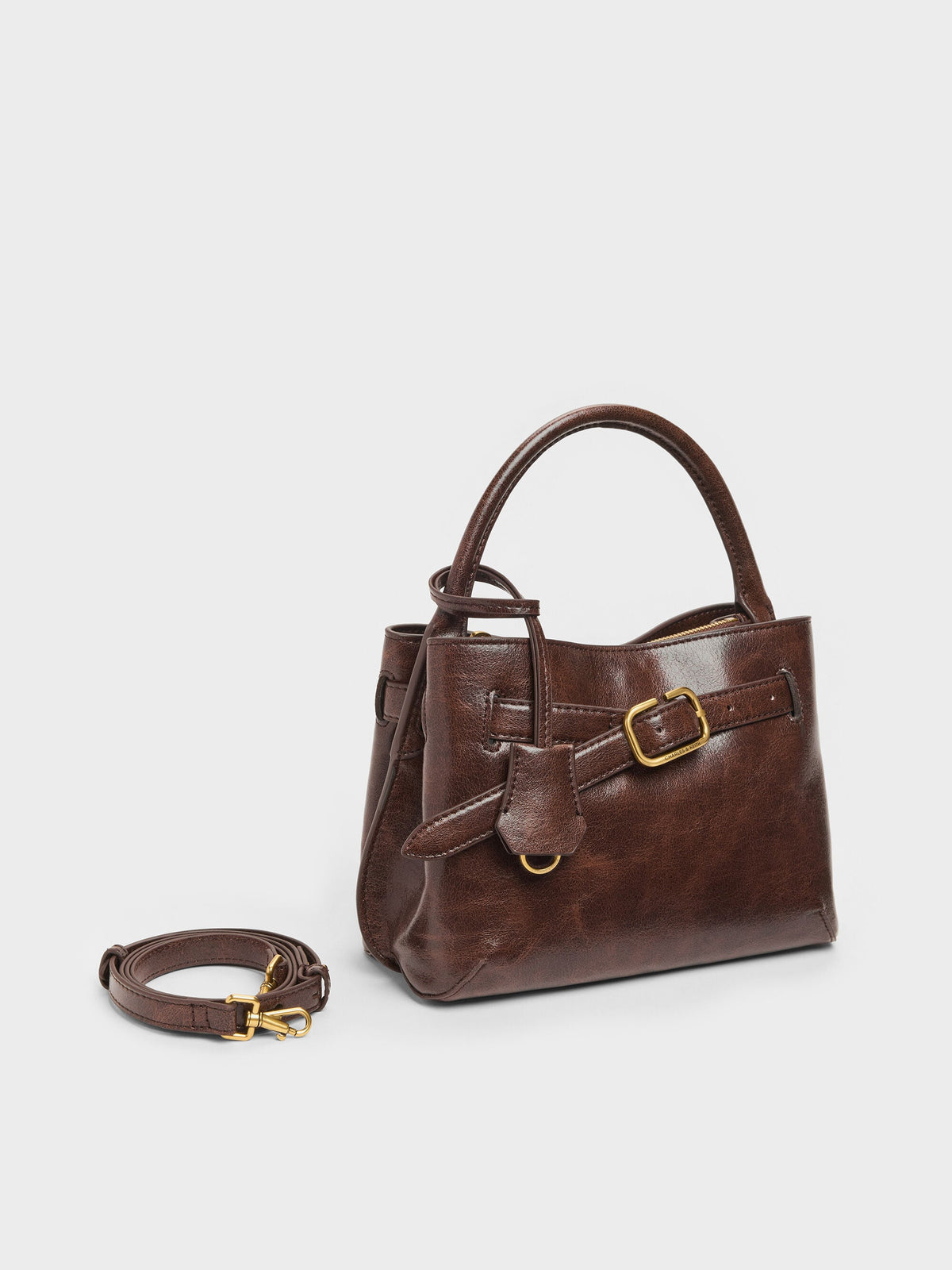 CHARLES & KEITH Recommended | Victoria Belted Top Handle Bag - Distressed Coffee