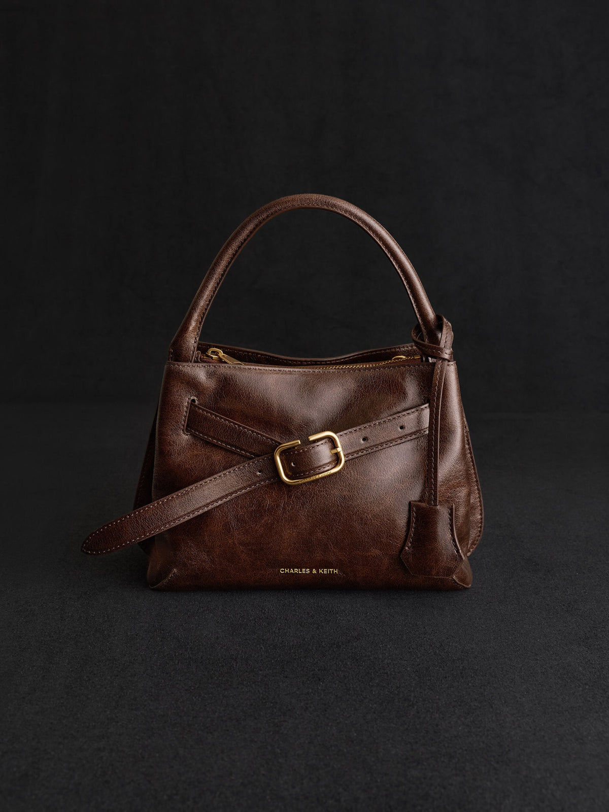 CHARLES & KEITH Recommended | Victoria Belted Top Handle Bag - Distressed Coffee