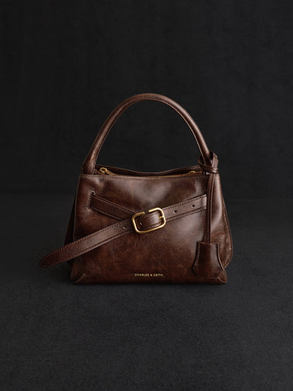 CHARLES & KEITH Recommended | Victoria Belted Top Handle Bag - Distressed Coffee