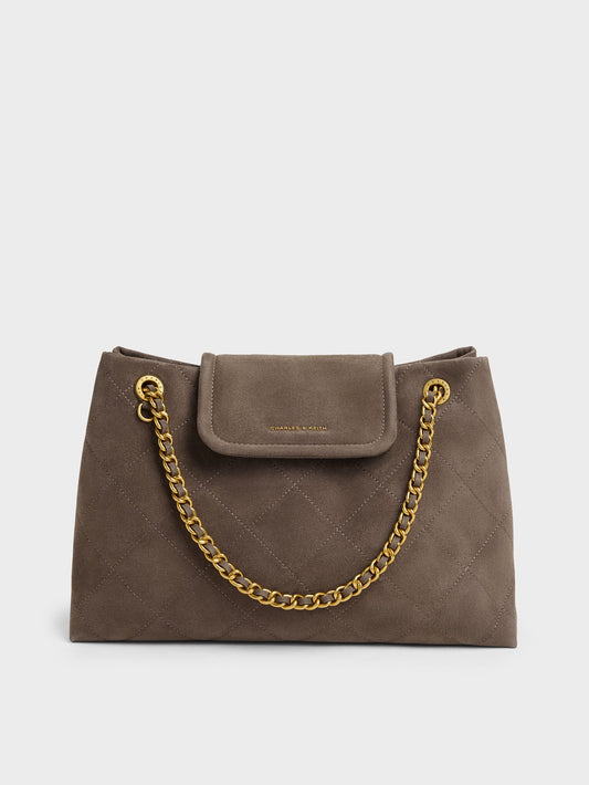 CHARLES & KEITH Latest | Large Apfra Quilted Shoulder Bag - Stone Grey