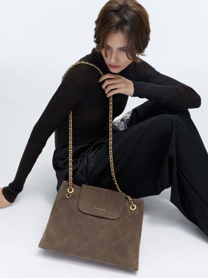 CHARLES & KEITH Latest | Large Apfra Quilted Shoulder Bag - Stone Grey