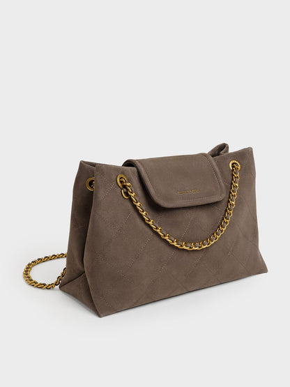 CHARLES & KEITH Latest | Large Apfra Quilted Shoulder Bag - Stone Grey
