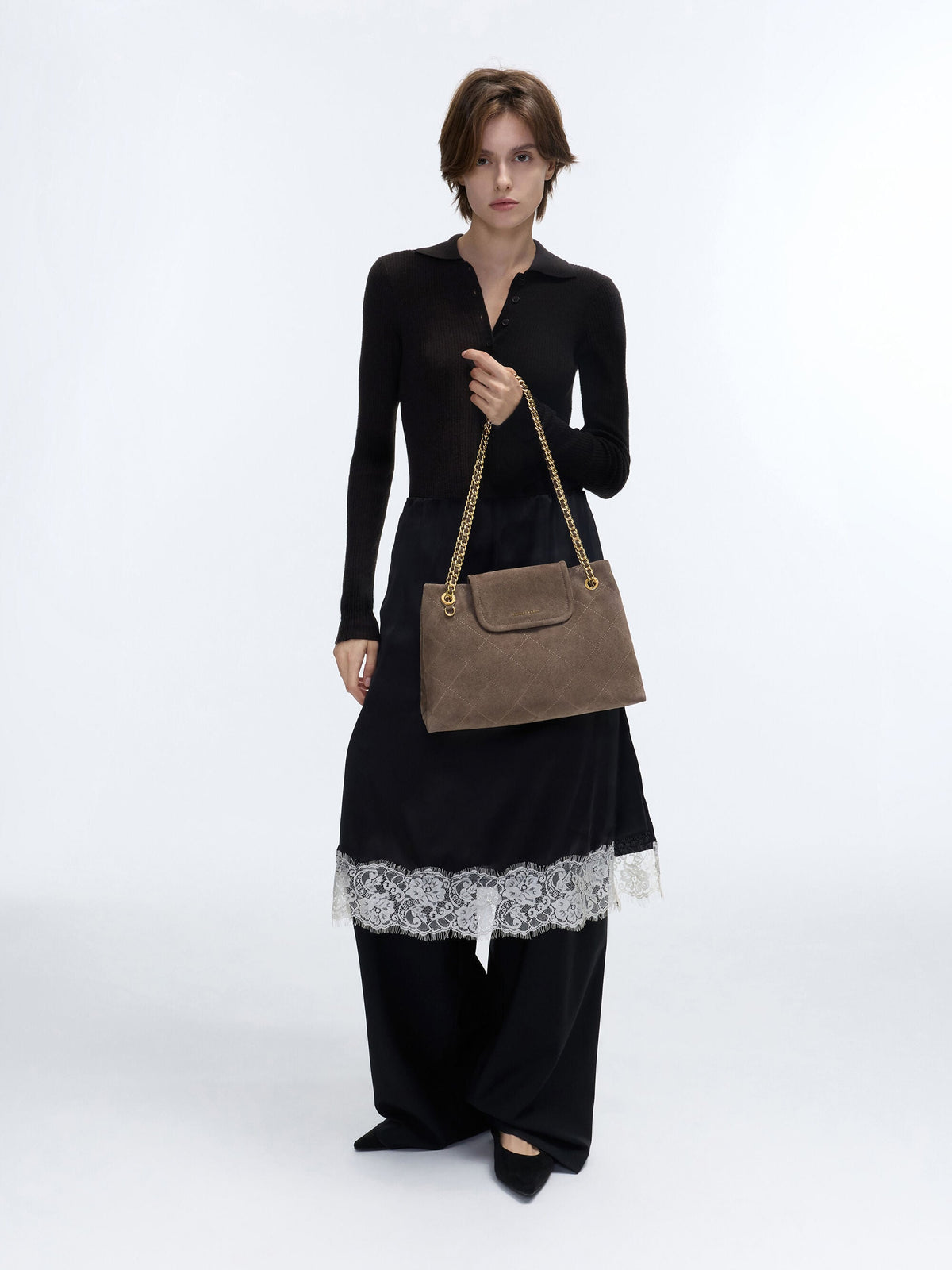 CHARLES & KEITH Latest | Large Apfra Quilted Shoulder Bag - Stone Grey