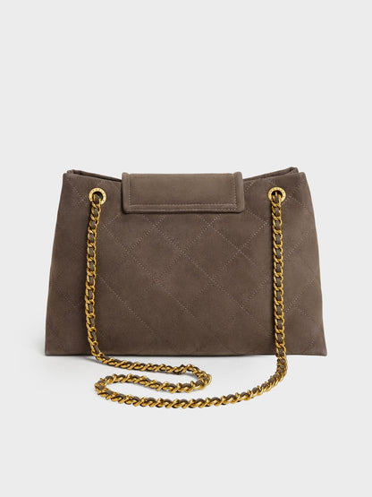 CHARLES & KEITH Latest | Large Apfra Quilted Shoulder Bag - Stone Grey