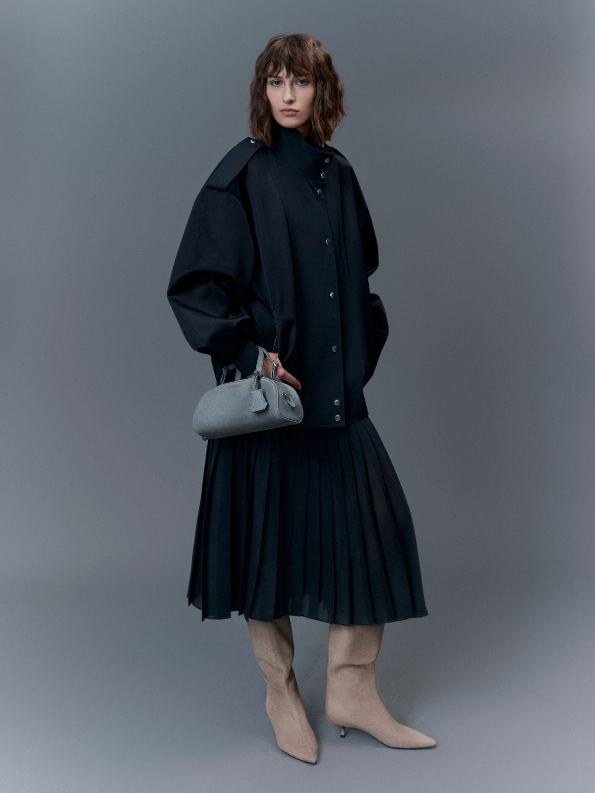 CHARLES & KEITH New | Vega Faux Suede Elongated Bowling Bag - Smoky Blue