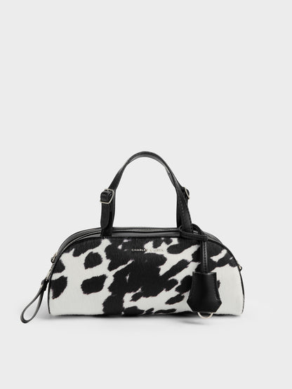 CHARLES & KEITH Recommended | Vega Furry Cow-Print Elongated Bowling Bag - Multi