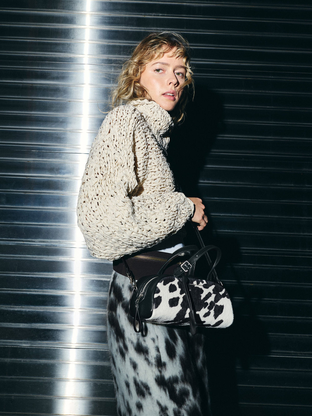 CHARLES & KEITH Recommended | Vega Furry Cow-Print Elongated Bowling Bag - Multi