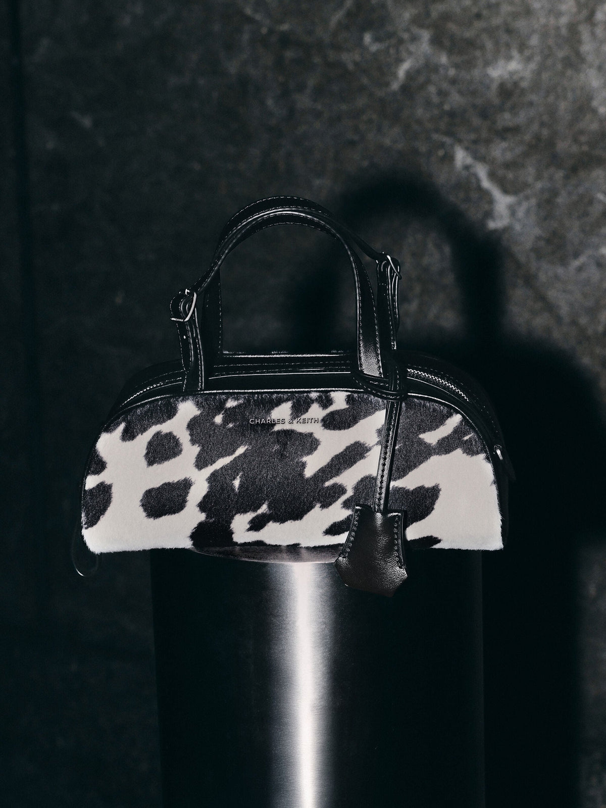 CHARLES & KEITH Recommended | Vega Furry Cow-Print Elongated Bowling Bag - Multi