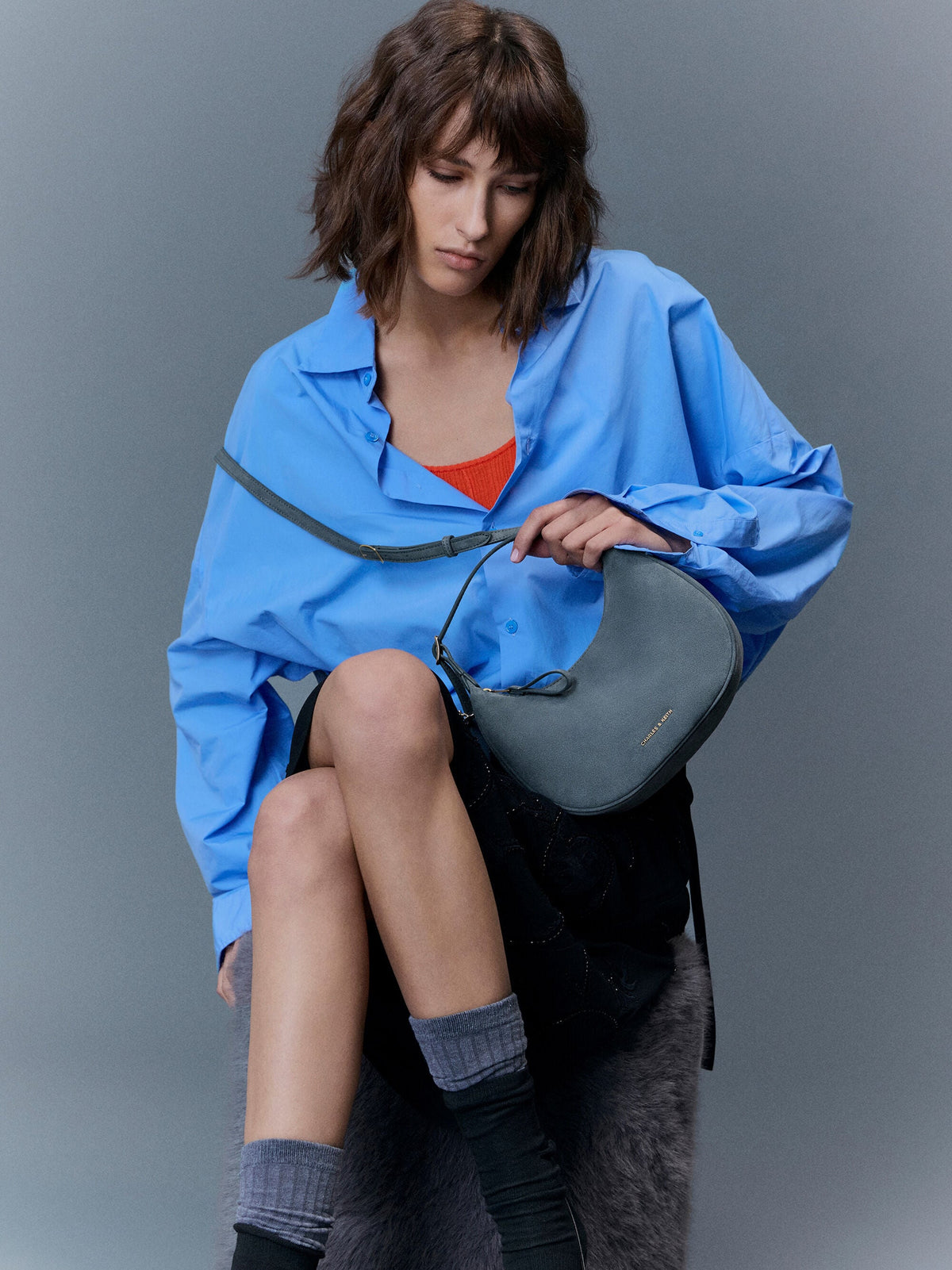 CHARLES & KEITH Latest | Vega Faux Suede Hobo Bag - Smoky Blue