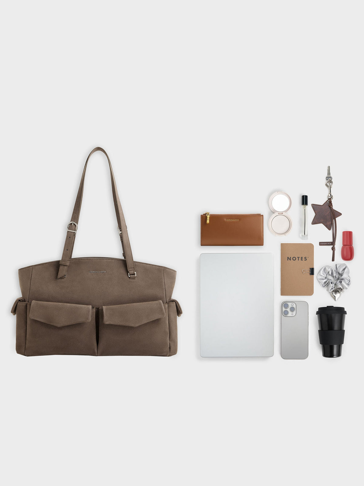 CHARLES & KEITH Exclusive | Rachel Multi-Pocket Tote Bag - Stone Grey