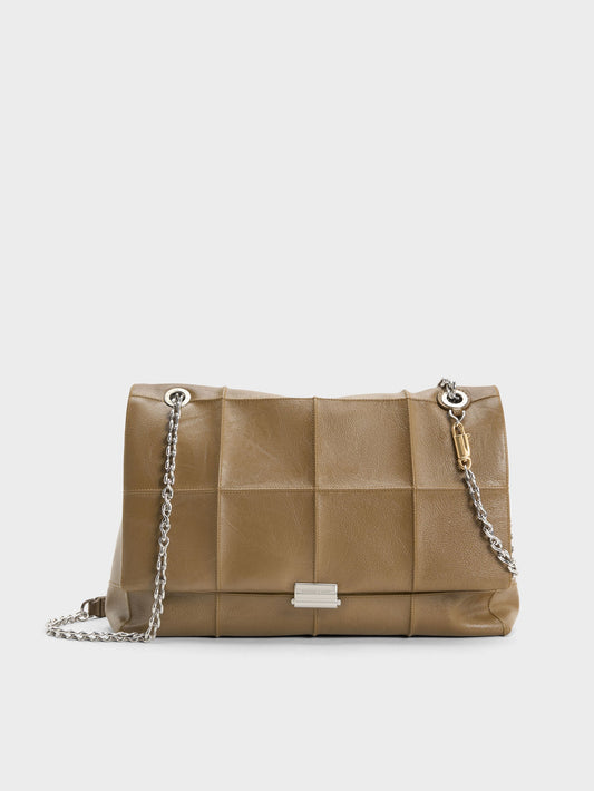 CHARLES & KEITH Customer Favorite | Large Delfina Quilted Chain-Strap Shoulder Bag - Walnut Brown
