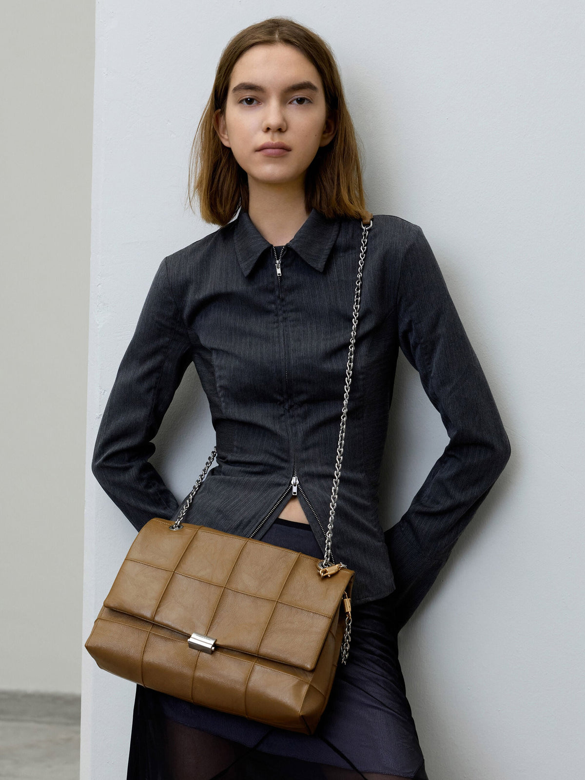 CHARLES & KEITH Customer Favorite | Large Delfina Quilted Chain-Strap Shoulder Bag - Walnut Brown