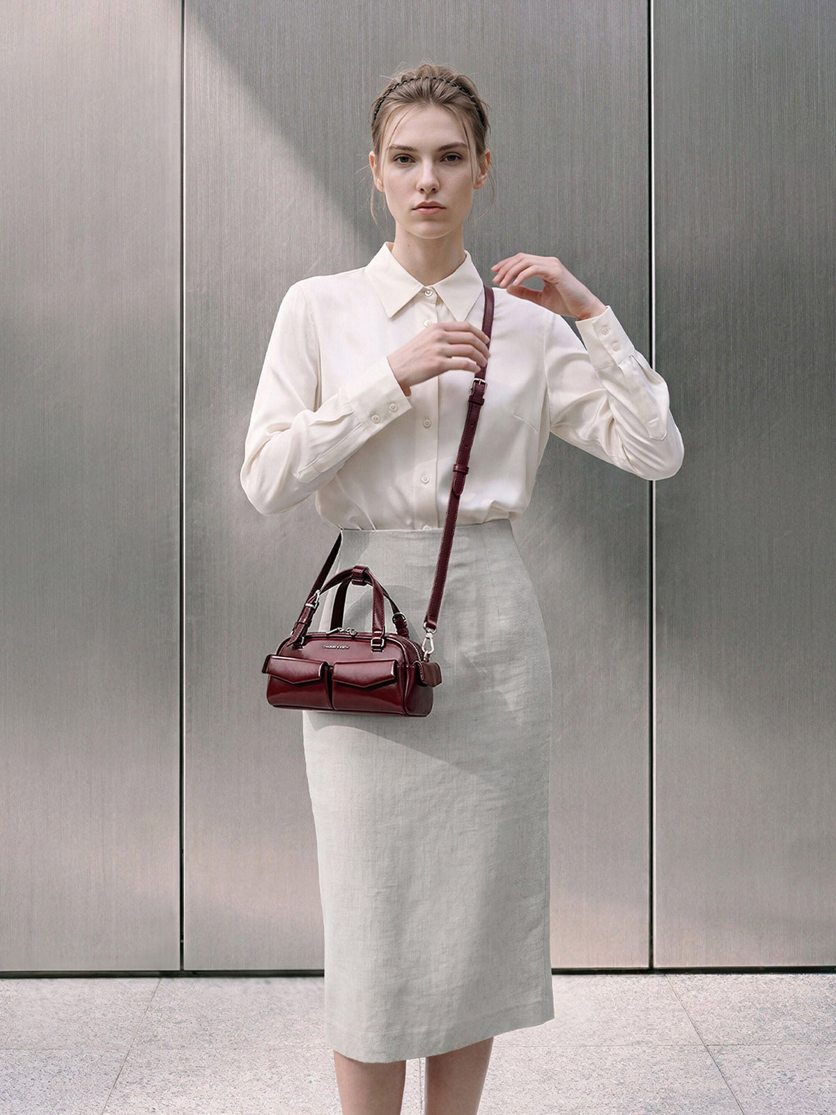 CHARLES & KEITH Value | Rachel Multi-Pocket Bowling Bag - Burgundy