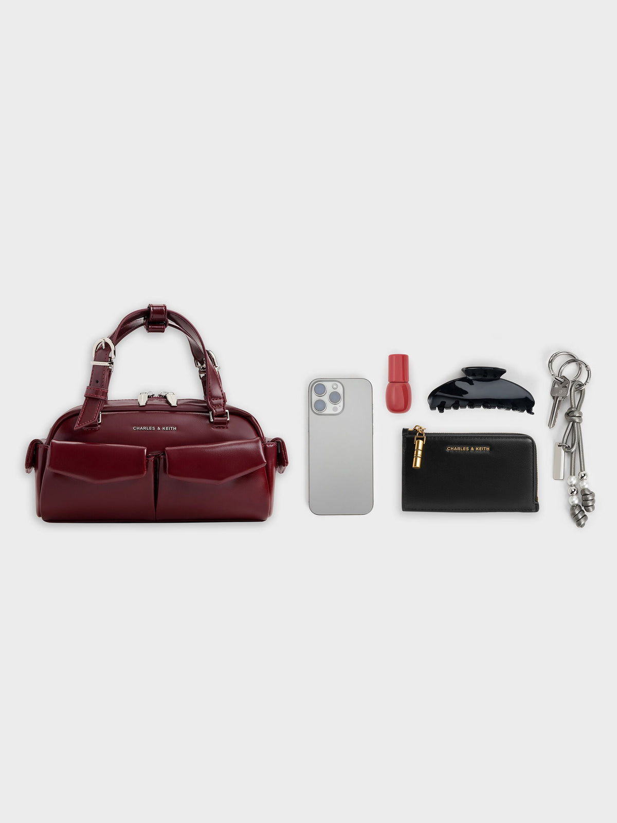 CHARLES & KEITH Value | Rachel Multi-Pocket Bowling Bag - Burgundy