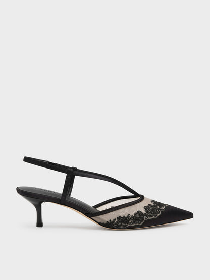CHARLES & KEITH Popular | Satin Embroidered-Mesh Slingback Kitten Heels - Black Textured