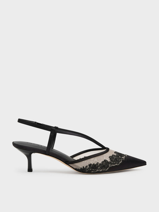 CHARLES & KEITH Popular | Satin Embroidered-Mesh Slingback Kitten Heels - Black Textured