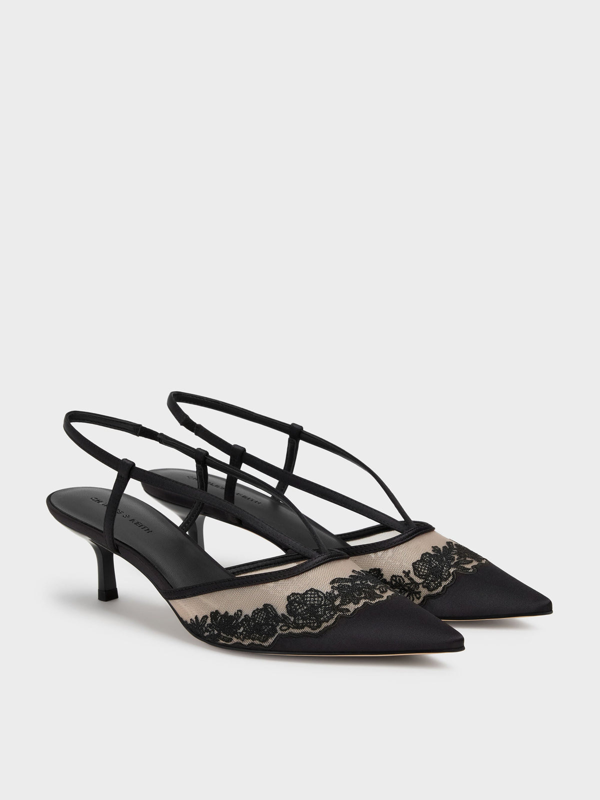 CHARLES & KEITH Popular | Satin Embroidered-Mesh Slingback Kitten Heels - Black Textured