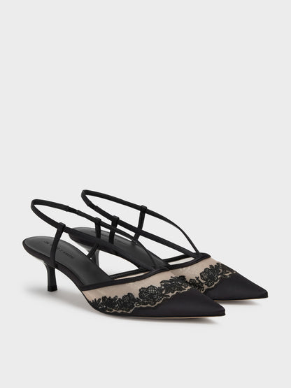 CHARLES & KEITH Popular | Satin Embroidered-Mesh Slingback Kitten Heels - Black Textured