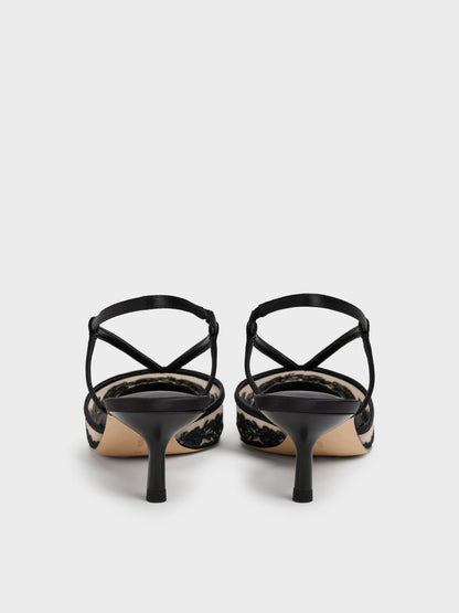 CHARLES & KEITH Popular | Satin Embroidered-Mesh Slingback Kitten Heels - Black Textured