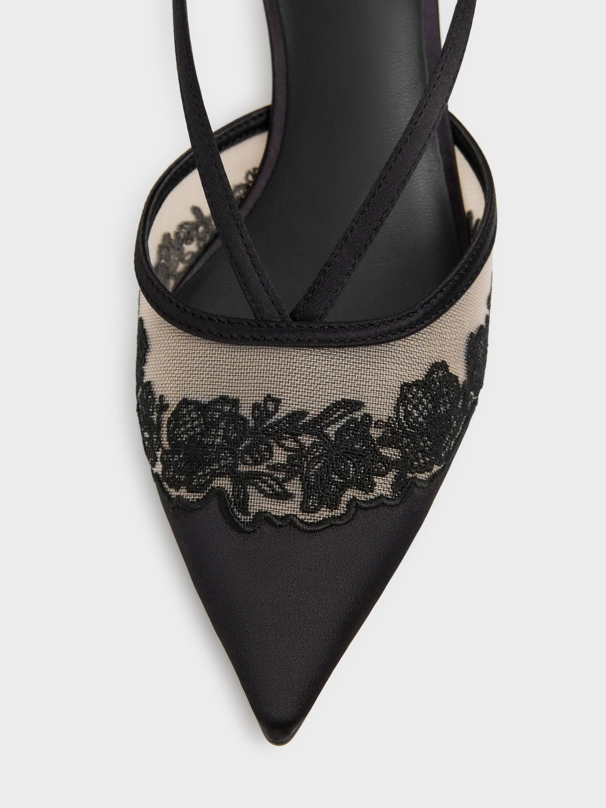 CHARLES & KEITH Popular | Satin Embroidered-Mesh Slingback Kitten Heels - Black Textured