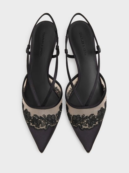 CHARLES & KEITH Popular | Satin Embroidered-Mesh Slingback Kitten Heels - Black Textured