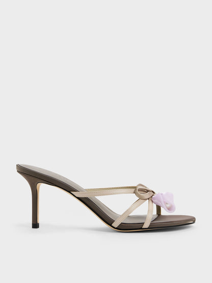 CHARLES & KEITH Great Value | Bow Flower-Pearl Heeled Mules - Dark Brown Textured