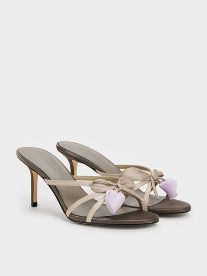 CHARLES & KEITH Great Value | Bow Flower-Pearl Heeled Mules - Dark Brown Textured