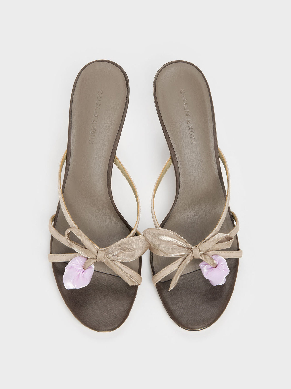 CHARLES & KEITH Great Value | Bow Flower-Pearl Heeled Mules - Dark Brown Textured