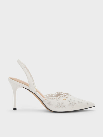 CHARLES & KEITH Everyday | Leather Embroidered Pointed Slingback Pumps - White