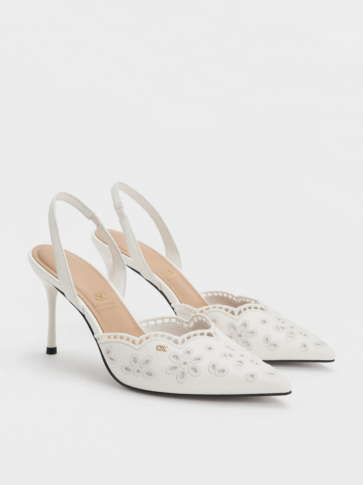 CHARLES & KEITH Everyday | Leather Embroidered Pointed Slingback Pumps - White
