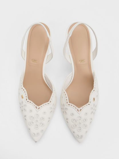 CHARLES & KEITH Everyday | Leather Embroidered Pointed Slingback Pumps - White