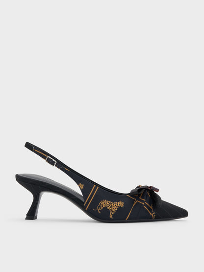 CHARLES & KEITH Trusted | Satin Printed-Bow Pointed Slingback Pumps - Black Textured