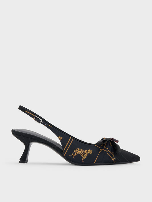 CHARLES & KEITH Trusted | Satin Printed-Bow Pointed Slingback Pumps - Black Textured
